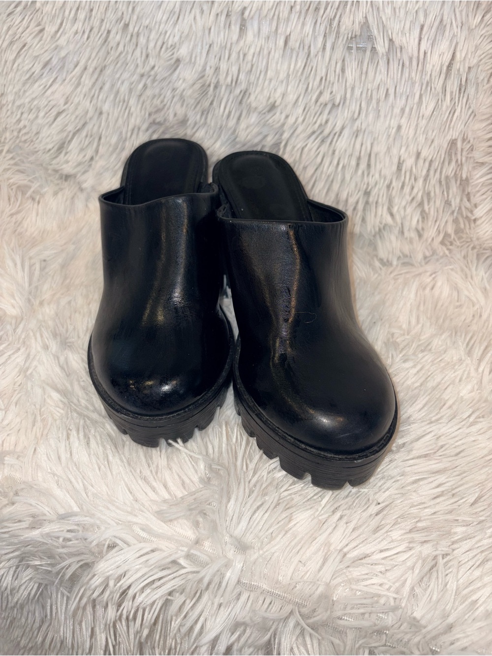 Chunky Black Lug Sole Platform Mules Clogs Heel Size 8